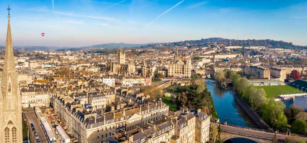A photo of Bath in the UK, from the air, which has made our list of of the seven best cities to retire in.