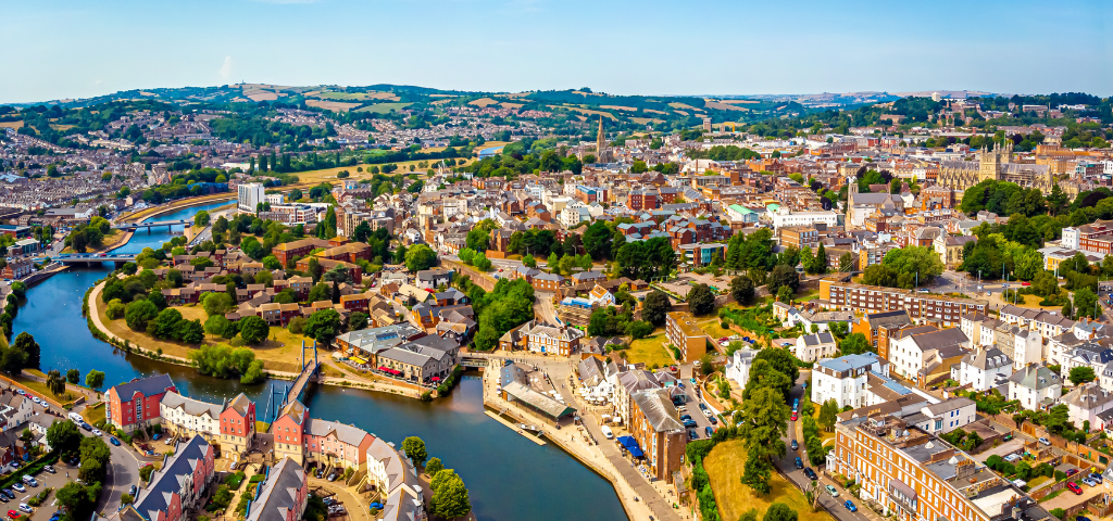 A photo of Exeter in the UK from the air, which has made our list of the seven best cities to retire in.