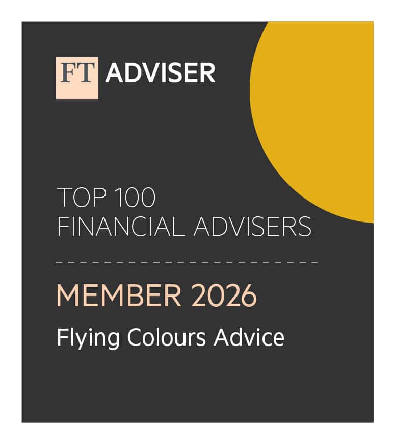 A tile expressing that Flying Colours Advice is a Top 100 Financial Adviser member 2026, awarded by FT Adviser.